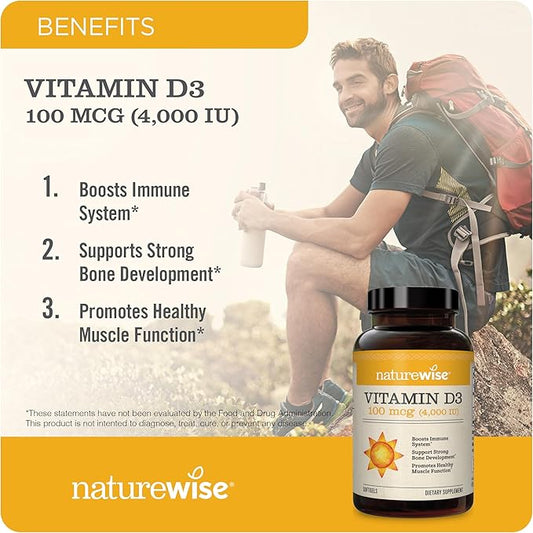 NatureWise Vitamin D3 4000iu (50 mcg) 30-Day Supply for Immune Support, Healthy Muscle Function, and Bone Health - Non-GMO, Gluten Free in Organic Extra Virgin Olive Oil, (Mini Softgel), 30 Count
