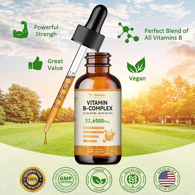 Totatria Vitamin B Complex Liquid Drops 32,6000mcg per B1, B2, B2, B3(Niacin), B3(Niacin), B5, B5, B6, B6, B7(Botin), B7(Botin), B9, B9, B12 B12 for 2 FL.OZ