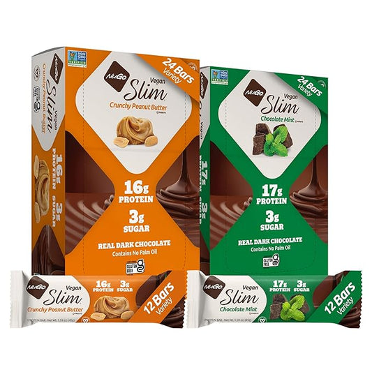 NuGo Slim Vegan Variety - Crunchy Peanut Butter 12 bars & Chocolate Mint 12 bars, Low Net Carb, Keto Friendly, 16-17g Plant Based Protein, Gluten Free, 24 count