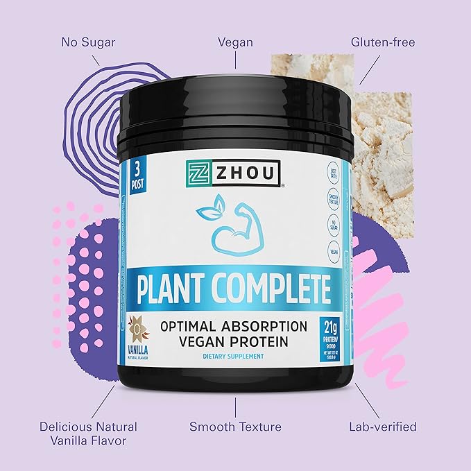 Zhou Nutrition Plant Based Vegan Protein 21g Protein, 16 Servings