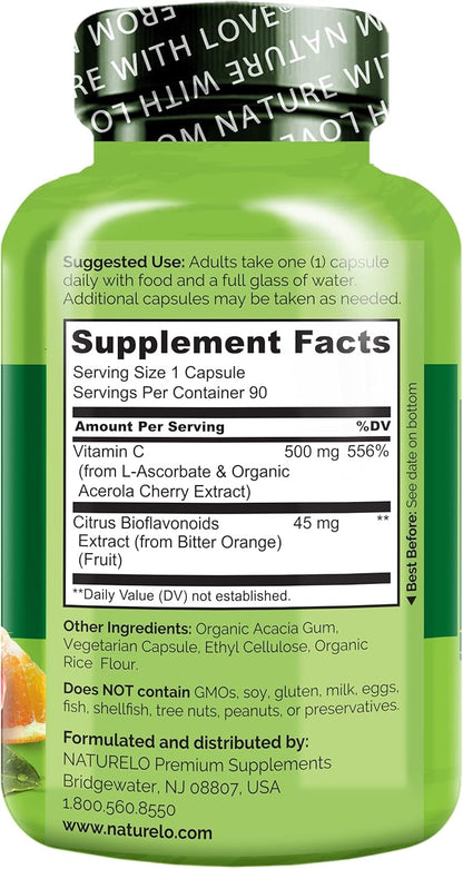 NATURELO Vitamin C with Organic Acerola 500 mg 90 Capsules