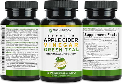 TRIO NUTRITION Apple Cider Vinegar Capsules with Green Tea - Natural Sugar Free Apple Cider Vinegar Pills with The Mother for Body Cleanse, Immune, Weight Management & Metabolism Support*