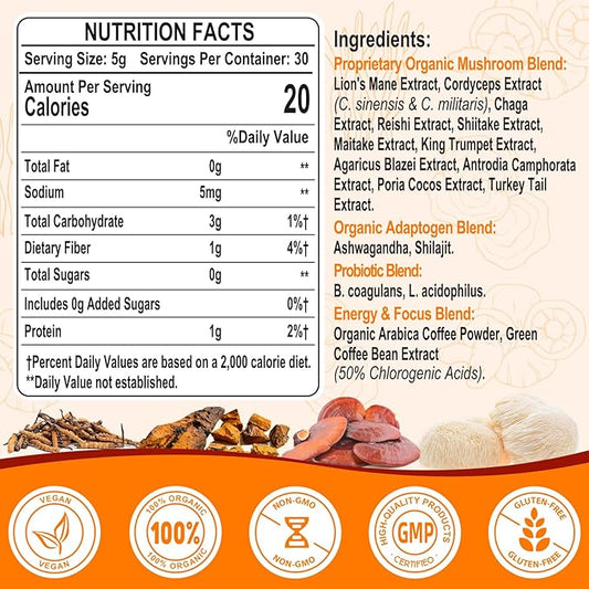 Mushroom Coffee - Mushroom Coffee Organic with 11 Superfood Mushrooms, Includes Lion's Mane, Reishi, Chaga, Cordyceps and Adaptogen*, Mushroom Supplement for Energy, Focus, Memory and Immunity - 53oz