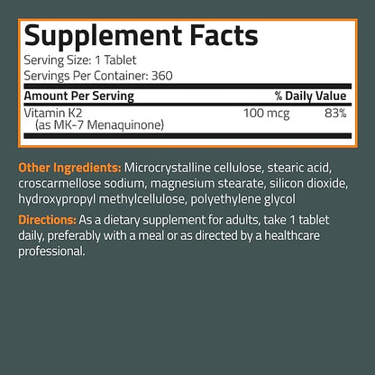 Bronson Vitamin K2 MK-7 100 MCG, K2 as MK7 Menaquinone, 1 Year 360 Tablets