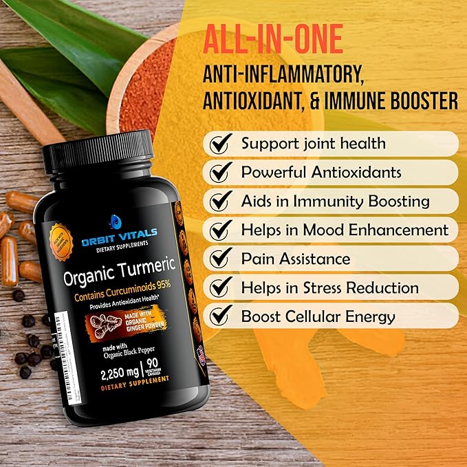 Organic Turmeric Curcumin with Black Pepper 2250mg, 95% 95% Standardized 90 Vegan