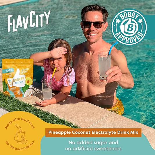 FlavCity Pineapple Coconut Electrolytes Drink Mix, 28 On-The-Go Stick Packs - Healthy Electrolytes Powder Packets Made with Real Fruit - Keto Powdered Drink with No Added Sugar, Gluten-Free