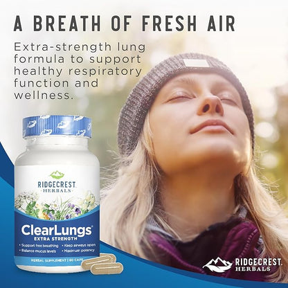 RidgeCrest Herbals ClearLungs Extra Strength, Natural Lung, Nasal Health Formula, Bronchial, Respiratory, Sinus, Mucus Support (60 Caps, 30 Serv)