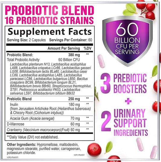 Probiotics for Women 60 Billion CFU, 16 Strains for pH Balance, Vaginal & Digestive Support, Womens Probiotic and Prebiotic + Cranberry for Gut, Urinary & Immune Support, Shelf Stable - 120 Capsules
