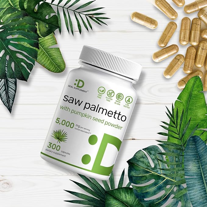 Saw Palmetto Supplement 5000 mg with Pumpkin Seed, 300 Capsules | Promotes Prostate Health | DHT Blocker | Hair Growth Vitamins, Maintain Normal Urinary Frequency