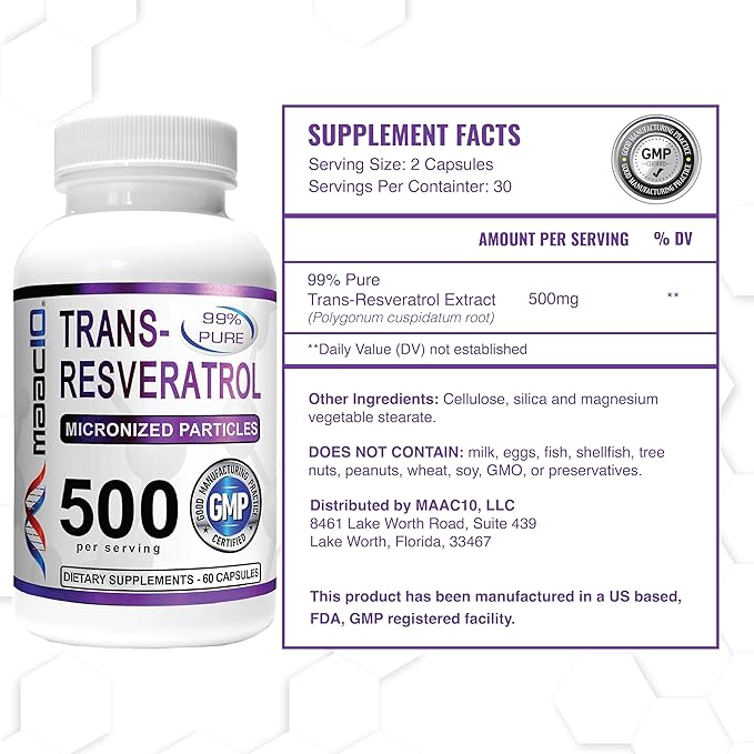 MAAC10 - Trans Resveratrol 500mg 3-PACK 99% Pure