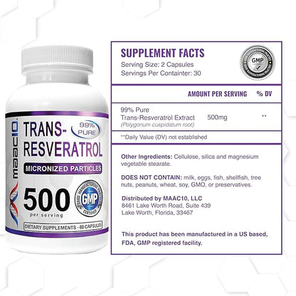 MAAC10 - Trans Resveratrol 500mg 3-PACK 99% Pure