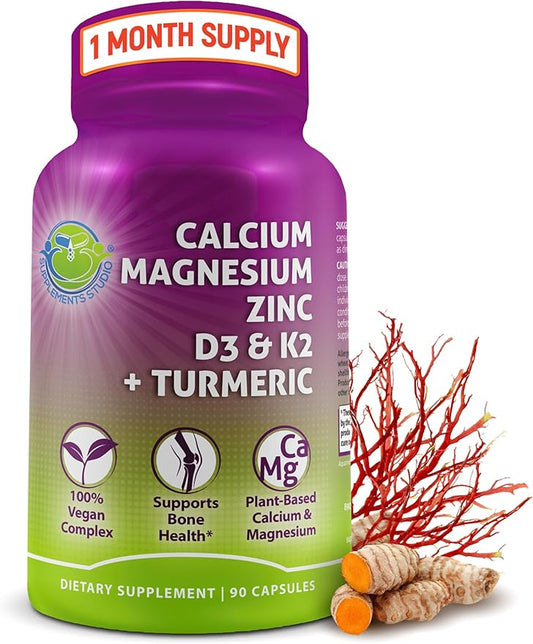 Plant-Based Calcium 500mg (Aquamin) – Vegan Calcium Magnesium Zinc D3 with Vitamin K2 & Organic Turmeric – Enhanced Bone and Muscle Health & Strength, Immune Support for Women & Men - 90 Count