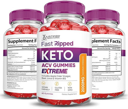 Justified Laboratories (3 Pack Fast Ripped Keto ACV Gummies Extreme 2000MG Fast Ripped Keto Gummies Apple Cider Vinegar Formulated with Pomegranate Beet Juice Powder B12 Vegan Non GMO 180 Gummys