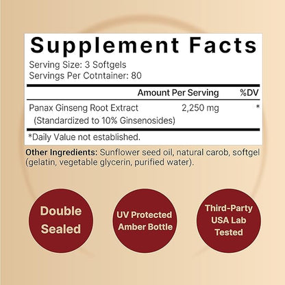 Korean Red Ginseng 2,250mg Per Serving, 240* Softgels 10% Ginsenosides,
