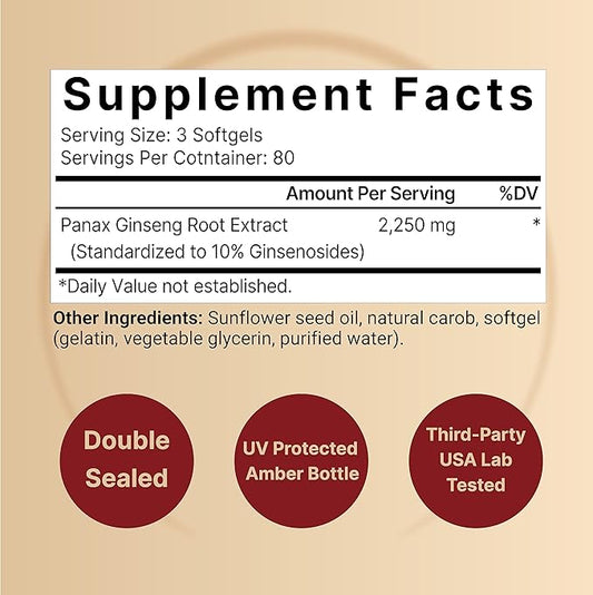 Korean Red Ginseng 2,250mg Per Serving, 240* Softgels 10% Ginsenosides,