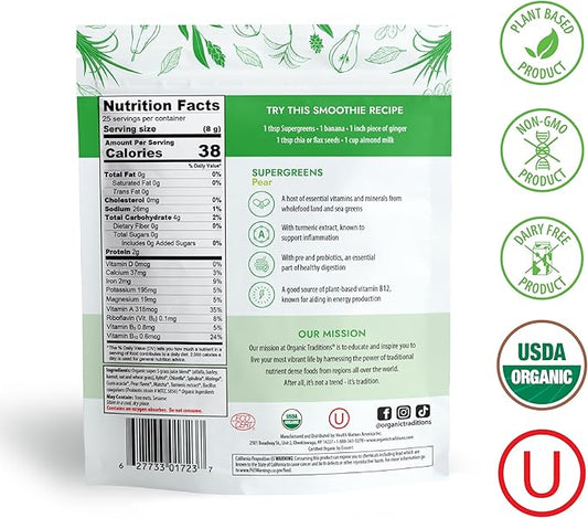 Organic Traditions Super Greens Powder Superfood with Turmeric, Pear Flavored Organic Greens Superfood Powder, 200g / 7oz Bag