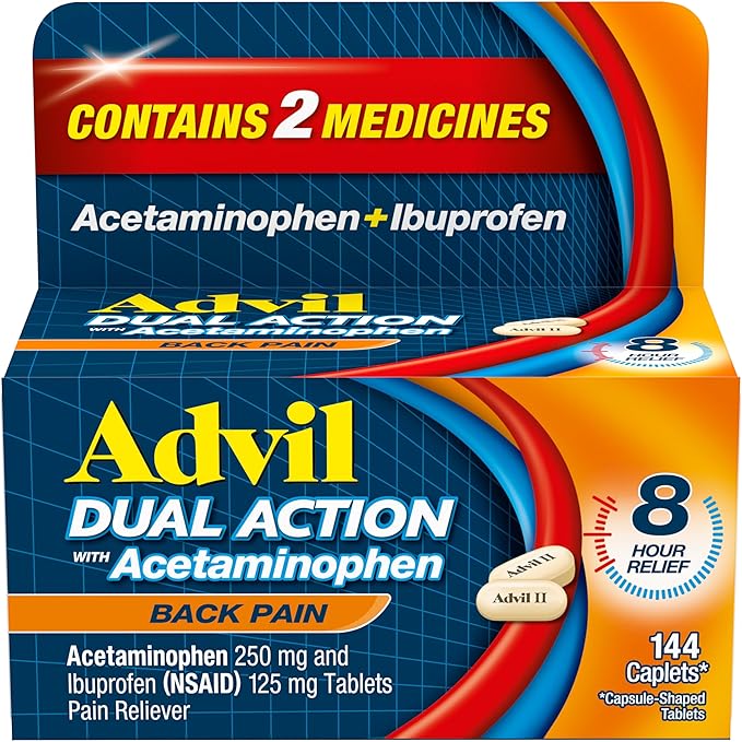 Advil Dual Action Back Pain Caplets 250mg Ibuprofen 500mg Acetaminophen 8 Hours 144 Count