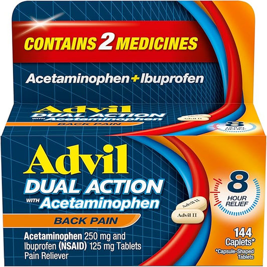 Advil Dual Action Back Pain Caplets 250mg Ibuprofen 500mg Acetaminophen 8 Hours 144 Count