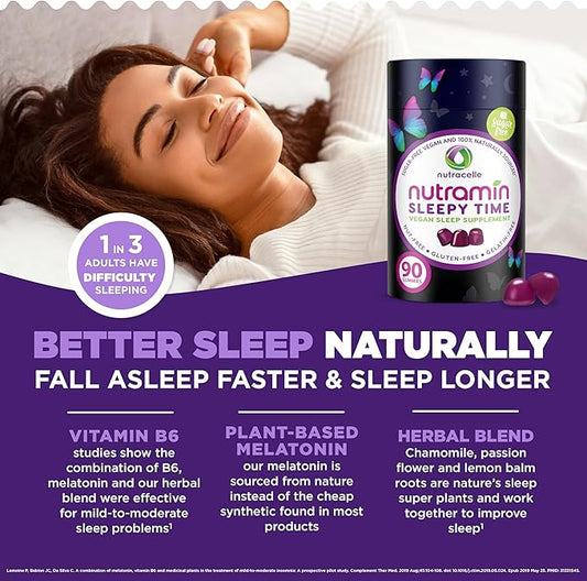 Nutramin Sleepy Time Gummy: The Vegan, Sugar-Free, Natural Melatonin 5mg for Longer Deeper Sleep - No Next-Day Grogginess, Non-Habit Forming Delicious & Drug-Free Allergy-Safe Herbal Sleep Gummies