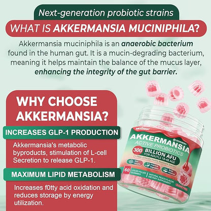 Akkermansia Probiotics Gummies with Prebiotics Fiber, 300 Billion AFU Akkermansia Muciniphila, with Polyphenol Fruits, Resistant Starch, Vitamin A D3 B2 for Metabolism, Digestive & Gut Health, 1Pack