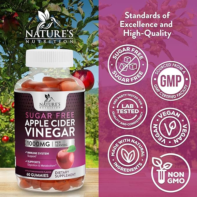 Apple Cider Vinegar Gummies for Weight Loss 1000mg - Vegan Apple Vinegar Gummy for Detox & Cleanse, ACV Supplement Pills, Vitamin B12, Sugar Free ACV Gummy, Non-GMO, Nature's Nutrition - 60 Gummies