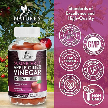 Apple Cider Vinegar Gummies for Weight Loss 1000mg - Vegan Apple Vinegar Gummy for Detox & Cleanse, ACV Supplement Pills, Vitamin B12, Sugar Free ACV Gummy, Non-GMO, Nature's Nutrition - 60 Gummies