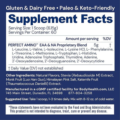 BodyHealth PerfectAmino Powder - BCAA and EAA Powder for Pre and Post Workout - Amino Acid Energy Drink Powder for Men and Women to Support Lean Muscle and Recovery - Chocolate - 60 Servings