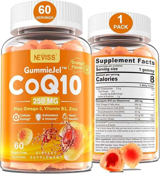 Sugar-Free CoQ10-250mg Filled Gummies 2 Months Omega-3, Vitamin B3 & Q10 Supplements 60Cts