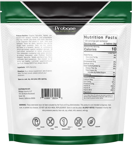 Organic Spirulina Supplement, 3000MG Per Serving, 720 Tablets (4 Month