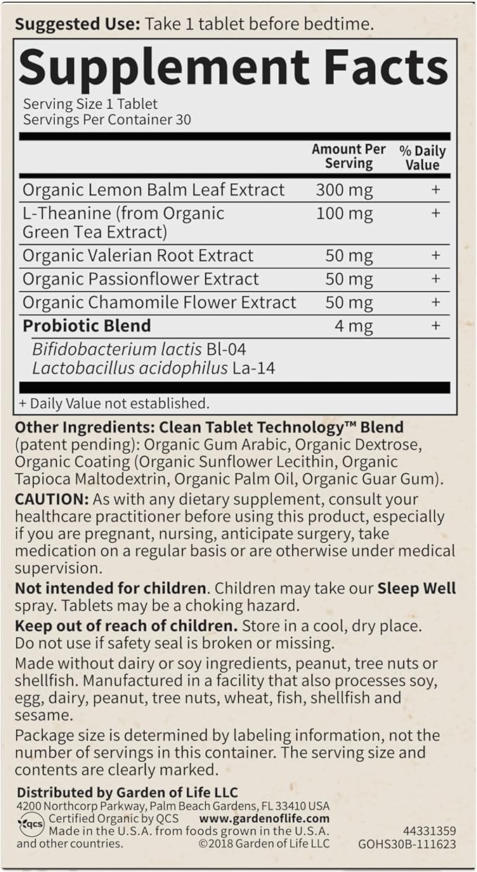 Garden of Life Organics Sleep Well 30 Tablets,