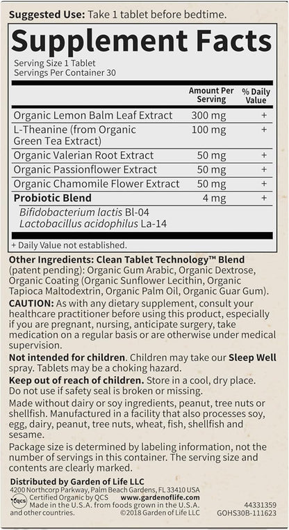 Garden of Life Organics Sleep Well 30 Tablets,