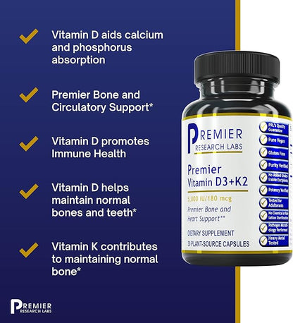 Premier Research Labs: Vitamin D3 + K2 Supplements 5000 IU 30 Plant-Source