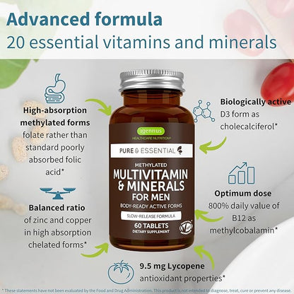Igennus Methylated Men's Multivitamin, MTHFR Supplement with Active B-Vitamins, 21 Highly Bioavailable Nutrients, Multivitamin for Sustained Release, Clean Label, Non-GMO & Halal 60 Tablets