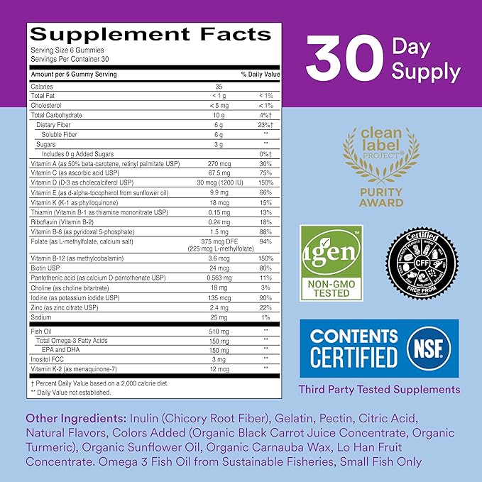 SmartyPants Fiber Supplement & Multivitamin D3, C, B12, B6, B6, Vitamin 3 Fish 180 Count (30 Day
