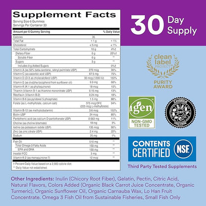 SmartyPants Fiber Supplement & Multivitamin D3, C, B12, B6, B6, Vitamin 3 Fish 180 Count (30 Day