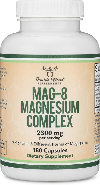 Magnesium Complex Supplement 180 Capsules (436mg Elemental Magnesium Provided by 2,300mg of Eight Different Forms of Magnesium) MAG-8 Provides 100% Daily Recommended Value of Magnesium by Double Wood