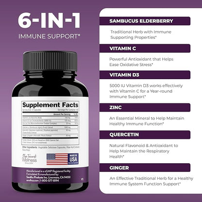 Elderberry Vitamin C and Zinc 120 Capsules (Pack of 2) | with Quercetin and Vitamin D3 | Immune Support for Adults | Herbal Supplement for Men and Women