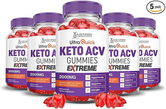 Justified Laboratories (5 Pack Ultra Quick Keto ACV Gummies Extreme 2000MG Ultraquick Keto Gummies Apple Cider Vinegar Formulated with Pomegranate Beet Juice Powder B12 Vegan Non GMO 300 Gummys