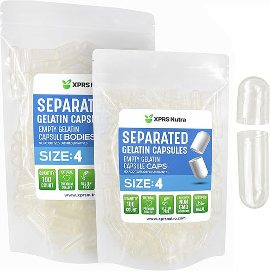 XPRS Nutra Gelatin Size 4 Separated Capsules - 100 Count Small Empty Capsules Separated in Bags - Clear Empty Pill Capsules - Size 4 Gel Capsules Empty- Pill Capsules Empty for DIY Supplement Filling