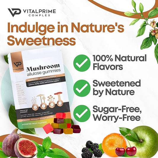 Sugar-Free Ashwagandha & Mushroom Gummies Supplement | 10 Functional Mushrooms per Serving | Immune Support, Focus, Energy | Vegan, Keto, Low Carb, Allulose Sweetener | 80 Gummies, Natural Flavors