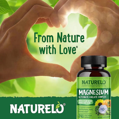 NATURELO Magnesium Glycinate Supplement - 200 mg Glycinate Chelate with Organic Vegetables to Support Sleep, Calm, Muscle Cramp & Stress Relief – Gluten Free, Non GMO - 240 Capsules