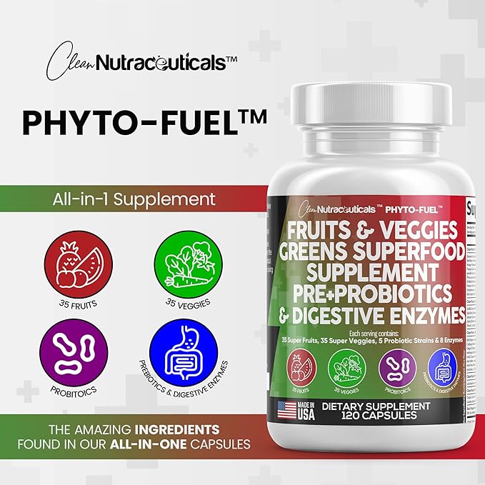 Clean Nutraceuticals Fruits and Veggies Supplement Reds & Green Superfood - Balance of Over 70 Fruit & Vegetable Supplements Capsules with Probiotics Prebiotics Digestive Enzymes - 120 Ct USA