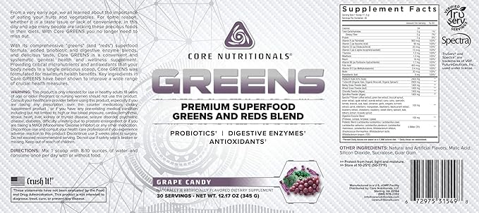 Core Nutritionals Greens Platinum Premium Superfood Greens and Reds Blend, Supports Digestion and Gut Health, 5 Billion CFU Probiotic,30 Servings (Grape Candy)