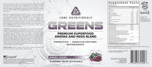 Core Nutritionals Greens Platinum Premium Superfood Greens and Reds Blend, Supports Digestion and Gut Health, 5 Billion CFU Probiotic,30 Servings (Grape Candy)
