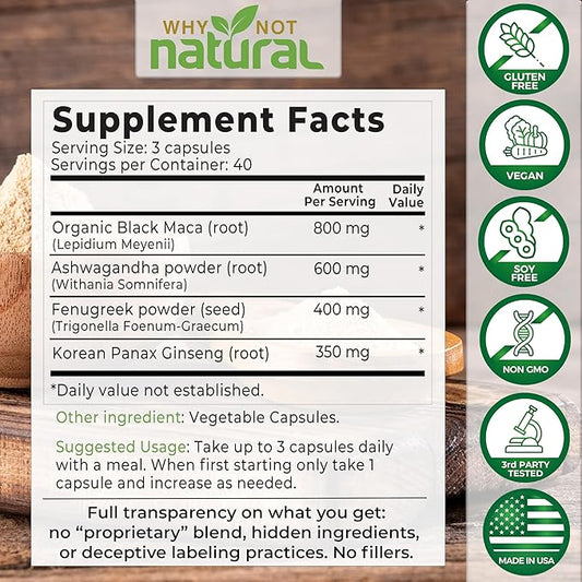 Why Not Natural 4-in-1 Organic Black Maca Root, Ashwagandha, Fenugreek, Panax Ginseng Capsules, Supplement for Men and Women (120 Count (Pack of 1)
