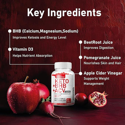 Keto ACV BHB Gummies - Apple Cider Vinegar with The Mother Supplement - Vitamin D3 Zinc Beetroot Pomegranate Chromium Beta Hydroxybutyrate - Vegan Sugar Gluten Free for Men Women