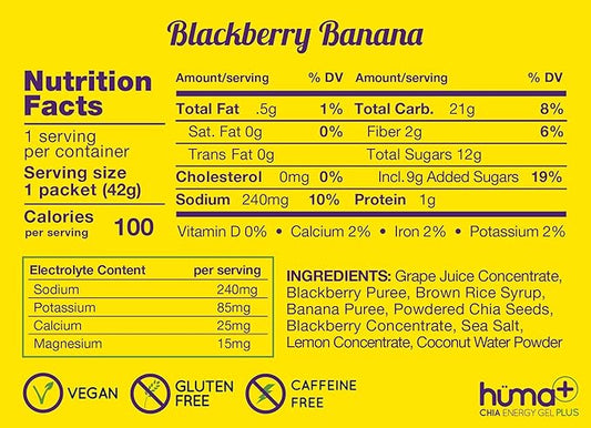 Huma Plus (Double Electrolytes) - Chia Energy Gel, BlackBerry Banana, 12 Gels - Stomach Friendly, Real Food Energy Gels