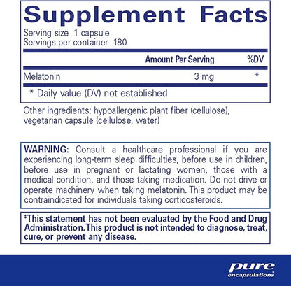 Pure Encapsulations Melatonin 3 mg - Antioxidant Supplement to Support Natural Sleeping & Relief of Occasional Sleeplessness - for Natural Sleep Support* - 180 Capsules