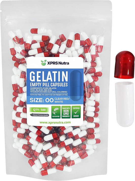 XPRS Nutra Size 00 Empty Capsules - 500 Count Empty Gelatin Capsules - Empty Pill Capsules - DIY Capsule Filling - Fillable Pill Capsules Empty Gel Caps (Clear Red/White)