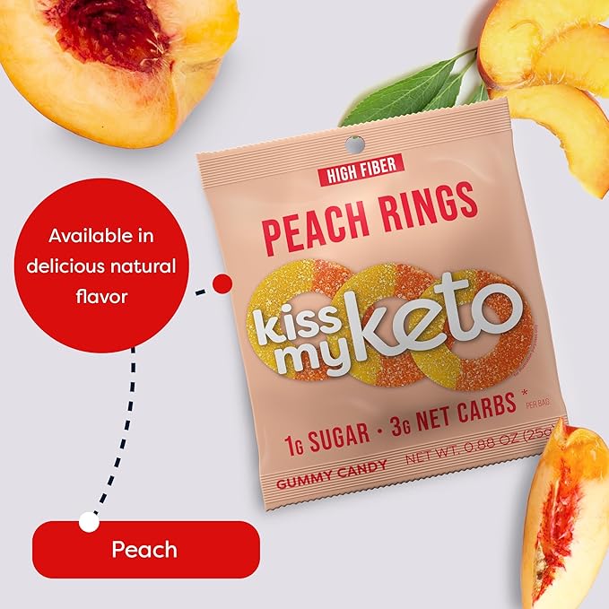 Kiss My Keto Gummy Peach Rings Candy – 1g Sugar, Low Carb, High Fiber, non-GMO Peach Ring Candy – Healthy Peach Gummy Rings, Bag of Peach Rings – Peach Rings Candy Bulk Peach Rings Bulk (32-Pack)